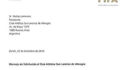 Blatter por carta: "Agradezco a los miles de hinchas del Cicln"